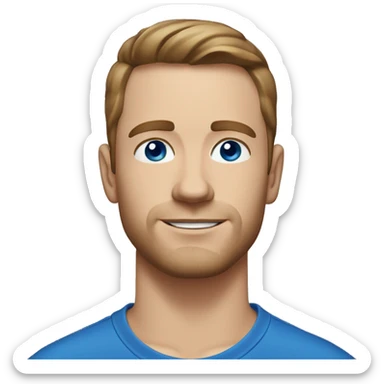 A head and shoulders shot of a 32 year old white man, with short brown hair,   with blue eyes wearing a t-shirt. sticker