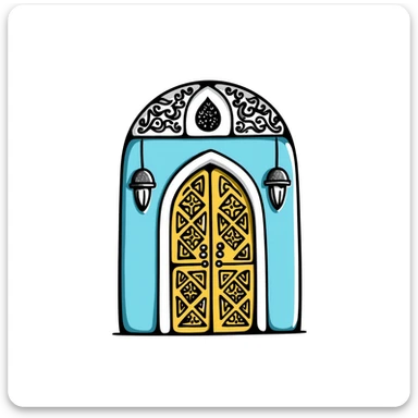 doodle of a Tunisian door with ornate patterns, blue and yellow, hand-drawn style sticker