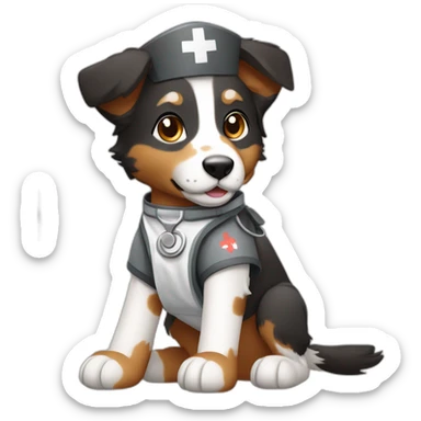 A nurse Black white brown and grey Australian sheperd with bandage on leg sticker