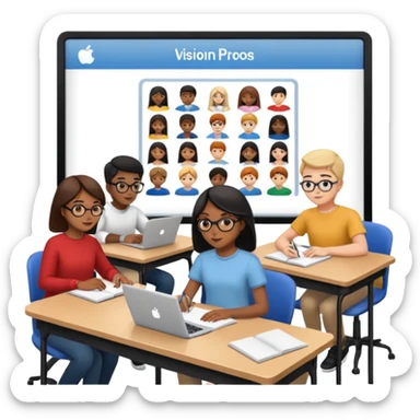 Birdseye view of large study space with students working separately add students wearing Vision Pros sticker