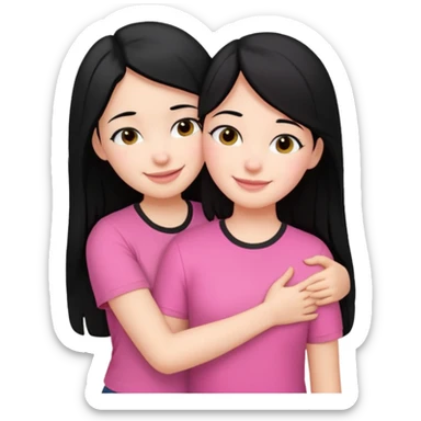 Two girls with black hair, one wearing white shirt and the other is pink shirt, hugging each other sticker