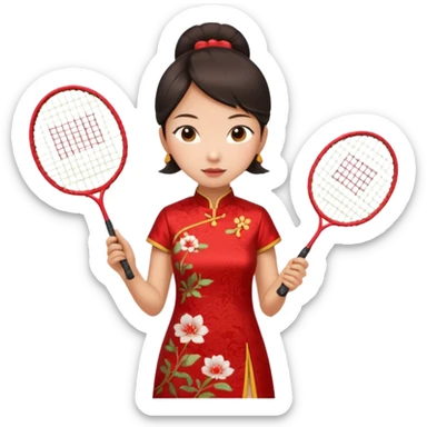 ancient cheongsam girl with 1 badminton racket, red sticker