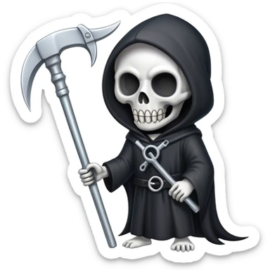 A cute grim reaper, holding a spanner instead of a scythe, saying "Post-mortem scheduled" sticker