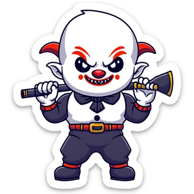 full-body muscular demonic clown in a black and white leisure suit with bellbottom pants, bald, with black ram horns, flashy black and white belt, ruffled white shirt, no neck tie, large fangs, holding a very large futuristic rifle sticker