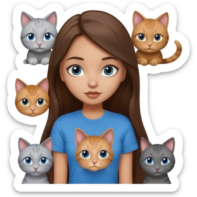 a pretty bratz dusky light skin girl with long brown hair, blue eyes with six cats nd wearing a grey tshirt sticker