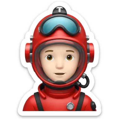 a boy  wearing a red scuba diving helmet with glass visor sticker