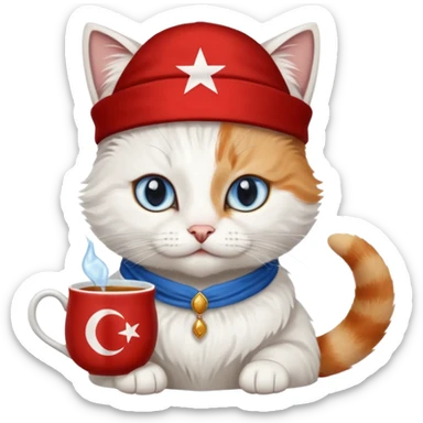 Arkasında Türk bayrağı olan  ve çay içen kafasına fes takan bir van kedisi sticker