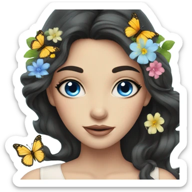 Gorgeous dark-hair lady blue eyes with flowers and butterflies sticker