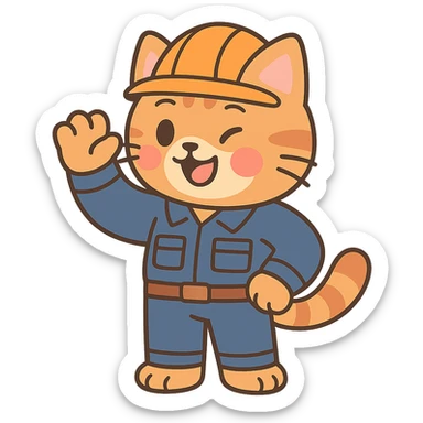 cat character with orange hard hat and work uniform, anime inspired sticker
