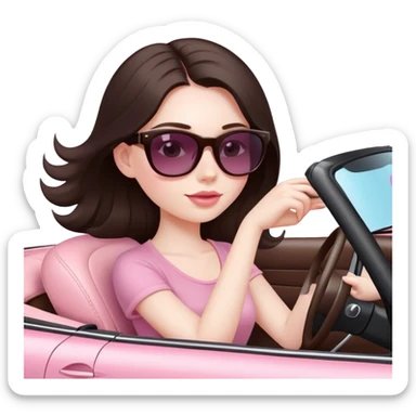 Pretty girl with long dark brown hair and pale skin wearing sunglasses driving convertible car with light pink interior. In the style of apple emoji sticker