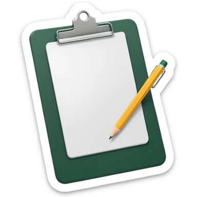 white sheet of paper with dark green clipboard, pencil at an angle, iOS emoji style, minimalism sticker