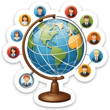An icon featuring a group of people, a network diagram, and a magnifying glass, symbolizing sociology. The design includes a globe and interconnected lines, representing social structures and relationships. Transparent background highlights the study of societies and human behavior. sticker