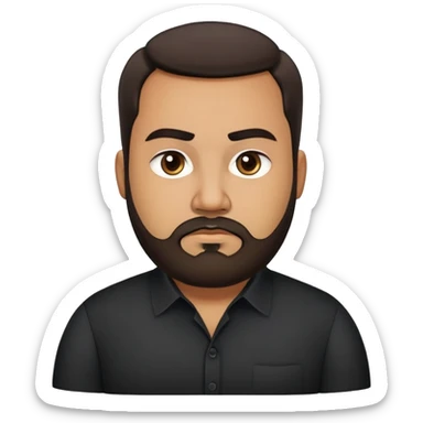 Heavier-set producer with light brown skin, pear-shaped face, full cheeks, serious dark eyes, thick eyebrows, wide nose, confident expression, short well-groomed beard, very short dark hair, wearing a black dress shirt sticker