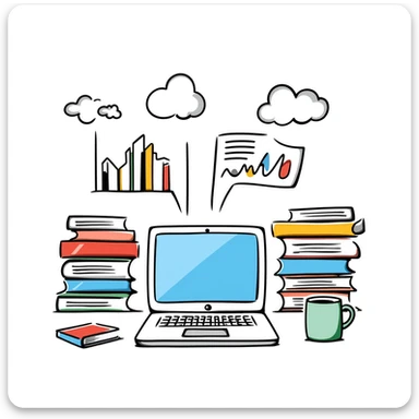 Academic research illustration showing a desktop with laptop, stacked reference books, coffee mug, and analytical charts and graphs. Hand-drawn colorful doodle with blue screen, vibrant book covers, and colorful data visualizations. sticker