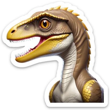 Cinematic Noble Velociraptor Portrait Emoji, Poised and agile, with a slender, streamlined build, sharp, cunning eyes, and a sleek snout hinting at predatory precision, Simplified yet sharply defined features, highly detailed, glowing with a cool, dynamic radiance, high shine, intelligent and swift, stylized with an air of agile prehistoric grace, focused and alert, soft glowing outline, capturing the essence of a watchful and confident Velociraptor that appears ready to dash out of the screen with effortless speed! sticker
