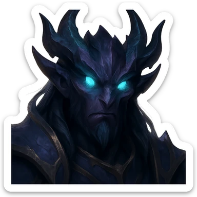 portrait of a League of Legends hero face with non-human features, glowing eyes, fantasy game art style sticker
