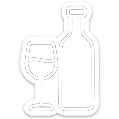 hand-drawn outline icon of a glass of wine and a wine bottle, white color only sticker