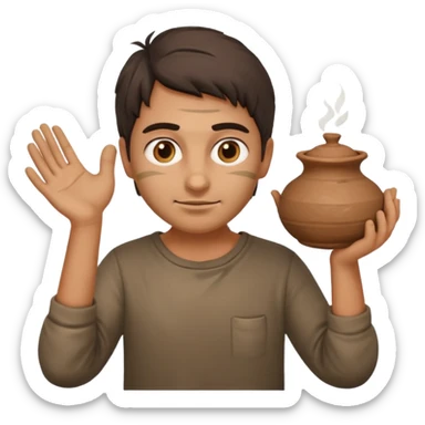 Emoji portrait of a Greek potter. Simple clothes, hands and face smudged with clay, focused expression. sticker