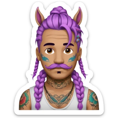 big lose braids starting from the top sides of the head hair like a unicorn man with mustache face wiith big visible loose only two braids and lots and lots of colored face tattoos colored tattoos like a tattoo artist hair unique color sticker