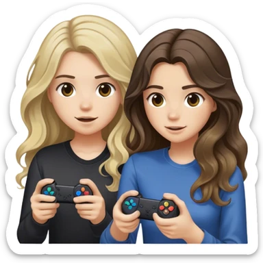 Brunette girl with long wavy hair with balayage and light blond guy playing playstation sticker