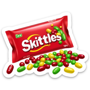 Red Skittles package with logo, the original red Skittles pack design, with only green Skittles candies spilling out sticker