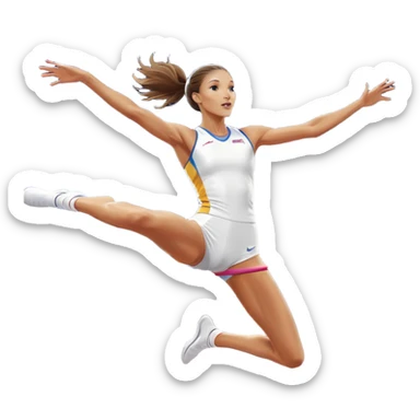 An icon featuring a female high jumper in mid-air, gracefully clearing a bar on a track. She wears a white athletic uniform and appears focused, with the background showcasing a vibrant stadium with cheering spectators and bright lights. Transparent background highlights the elegance  sticker