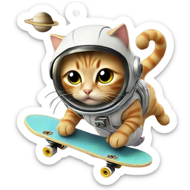 Cat skateboarding in space on saturn, while eating noodles sticker