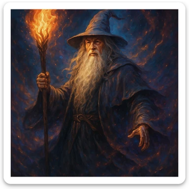 Gandalf wizard with a flaming staff, magical aura, vibrant colors, epic pose, cinematic fantasy sticker