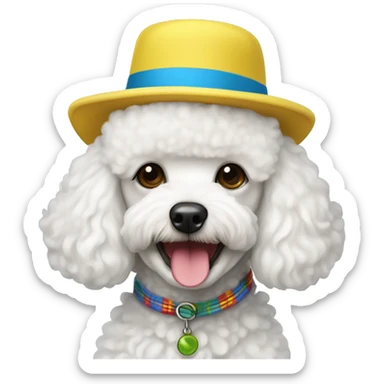 happy white toy poodle with a hat that is bright blue, yellow, bright green, red and black  sticker