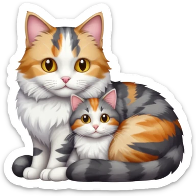 full body colourful light patched calico + white tabby cat cuddling a large dark grey and white tabby cat  sticker