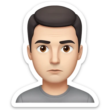 Professional man with square face, defined jawline, full cheeks, overtly skeptical expression, medium brown eyes with paranoid look, prominent eyebrows raised, wide nose, lips pressed together suspiciously, short dark hair, wearing a gray shirt sticker