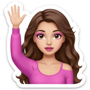 girl with long wavy brown hair, brown eyes, long lashes makeup, sexy pink lips, light to medium complexion, wearing a pink sexy top, one hands in the air high sticker