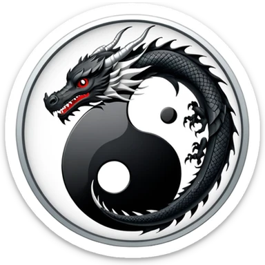 An icon symbolizing Eastern martial arts in the style of an emblem, featuring a black-and-white Yin-Yang symbol and a dragon at the center, surrounded by elements like a dojo. Transparent background highlights balance and power. sticker