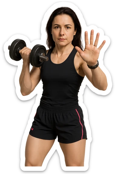 Allenamento ad alta intensità donna mentre fa pesi con in mano due manubri sticker