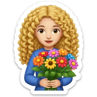light skinned long curly haired girl holding big bright bunch of flowers. White background. sticker