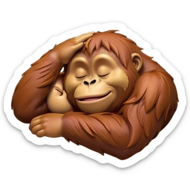 Meme-Worthy cute Sleeping Orangutan Portrait Emoji, Head resting peacefully with a contented smile, showcasing luxuriously soft fur and eyes gently closed in serene slumber, Simplified yet comically adorable features, highly detailed, glowing with a soft, drowsy jungle light, high shine, relaxed and utterly lovable, stylized with an air of playful laziness, bright and heartwarming, soft glowing outline, capturing the essence of a sleeping orangutan that feels destined to become the next viral icon of adorable rest! sticker