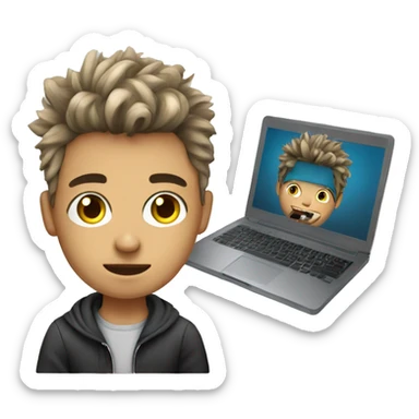 Graphic Designer boy with wolfcut hair with laptop sticker