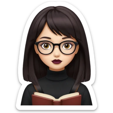 generate a pretty bratz girl with black small square spectacles, dark lipstick, black turtleneck , books in hand, dark brown straight long hair with bangs, eyeliner on,  sticker