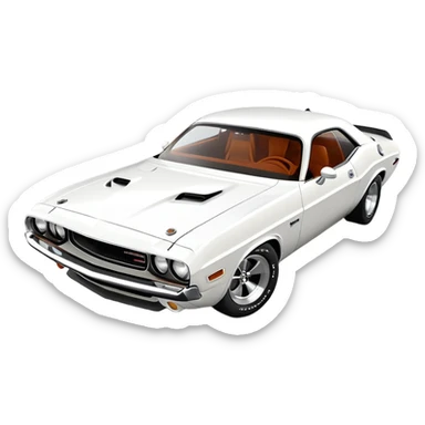 Anatomically correct white 1971 Dodge Challenger muscle car, proper 30-degree angle view, maintaining authentic proportions and structure, highly detailed but minimalist, pure white exterior, iOS emoji style sticker