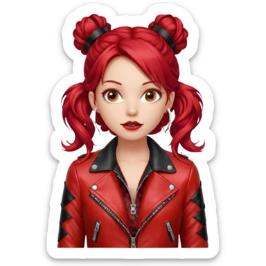 A woman with strikingly long, wavy, vibrant red hair, which is styled with two small buns on top of her head. She is wearing a shiny red leather jacket over a red top with a black patterned trim. She's gagged sticker
