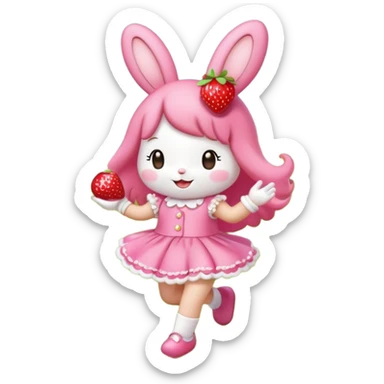My melody dancing in a meadow of flowers while eating a strawberry sticker
