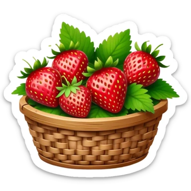 Cinematic ripe strawberrie, deep red, glossy with tiny seeds, green leaves still attached, gathered in a rustic basket, warm glowing background, fresh and sweet. sticker