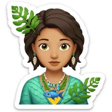 ancient girl wearing fish bone Necklaces and leaf sticker