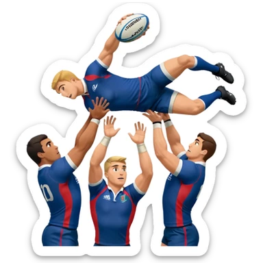 two rugby players lifting another player to catch a ball in a lineout in rugby, only 3 players in the image sticker