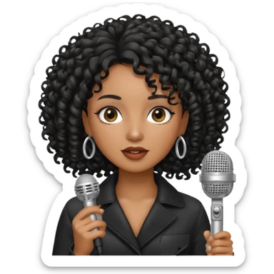 brown skin woman, curly black hair, singer, hold micro sticker