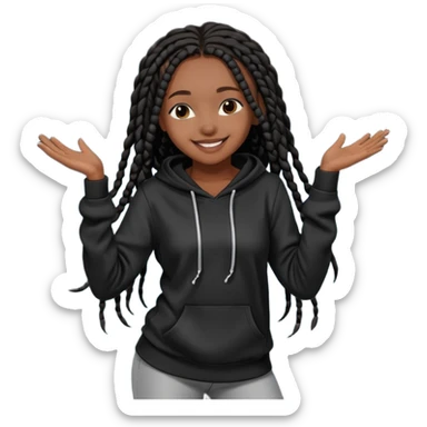 African American girl dark skin complextion long black box braids wearing plain black hoodie dancing sticker