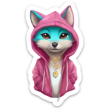 Pink magenta burgundy maroon cyan beige gray fox wearing a pink hoodie with gold jewellery gold piercings gold ear piercing gold nose piercing vintage watercolour tie dye black raven wings sticker