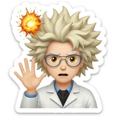 A mad scientist was crazy hair and an explosion sticker