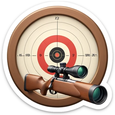 A detailed rifle with a scope, pointing towards a perfectly centered target with concentric rings. The scene highlights the precision and focus required in sports shooting, with no shooter in sight, just the rifle and target in a calm, focused setting. sticker