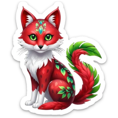 Colorful dark tropical sanguine-red, black, white fur, with green eyes, iridescent glorious divine exotic cute cool beautiful shiny beautiful floral fantasy-caracal-civet-genet-sergal-vernid-Cacomistle-oncilla-animal-Fakémon-hybrid-fursona with pattern markings (full body) sticker
